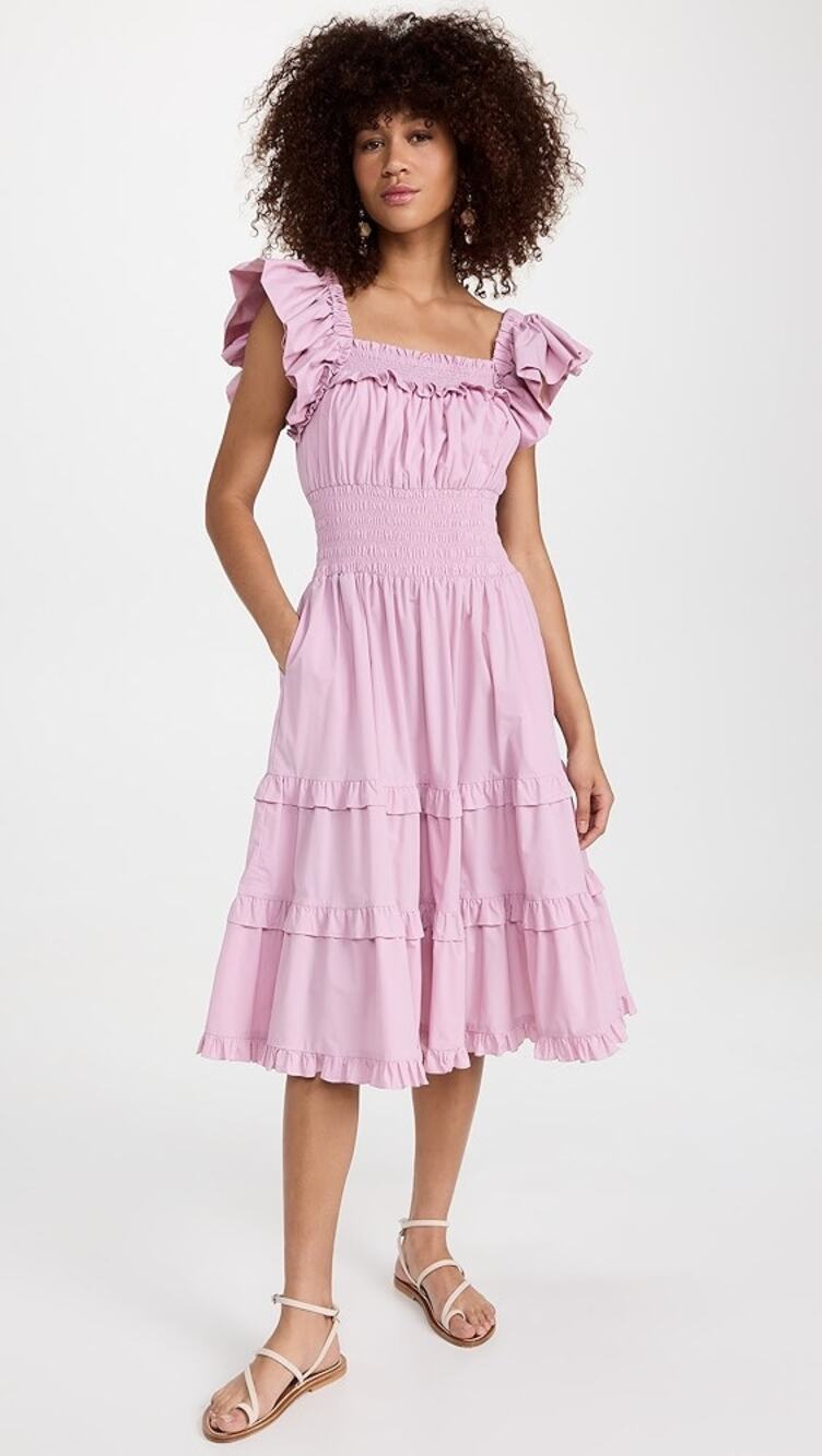 Charina Sarte Rosas Shirred Midi Dress Women's Size XS Pink Midi Tiered Ruffle